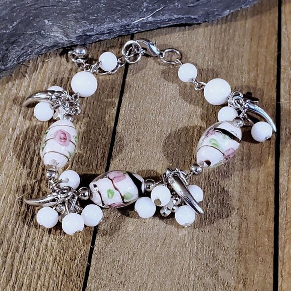 Vintage Murano Glass Beads White Silver Charm Bracelet Style B - Picture 3 of 5